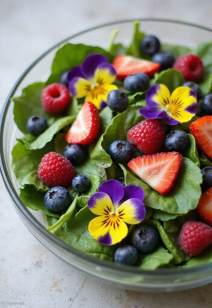 10 Colorful Rainbow Garden Salad Recipes with Edible Flowers That’ll Brighten Your Plate! - 10. Berry and Spinach Salad with Flower Garnish