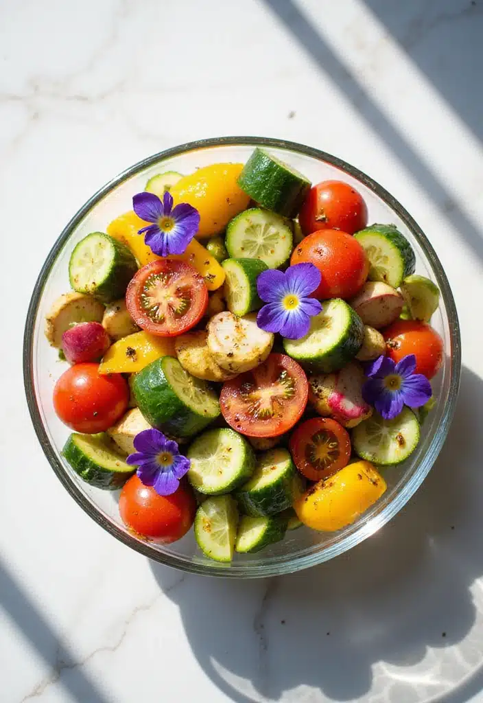10 Colorful Rainbow Garden Salad Recipes with Edible Flowers That’ll Brighten Your Plate! - 2. Garden Veggie Salad with Violet Vibes