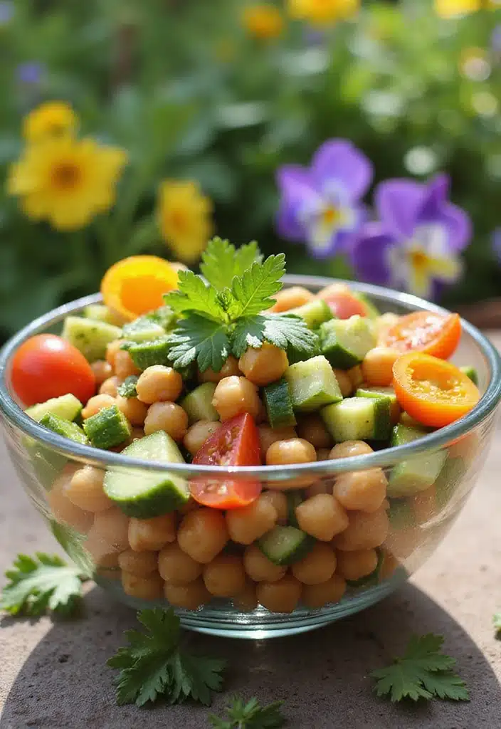10 Colorful Rainbow Garden Salad Recipes with Edible Flowers That’ll Brighten Your Plate! - 7. Mediterranean Chickpea Salad with Flower Garnish