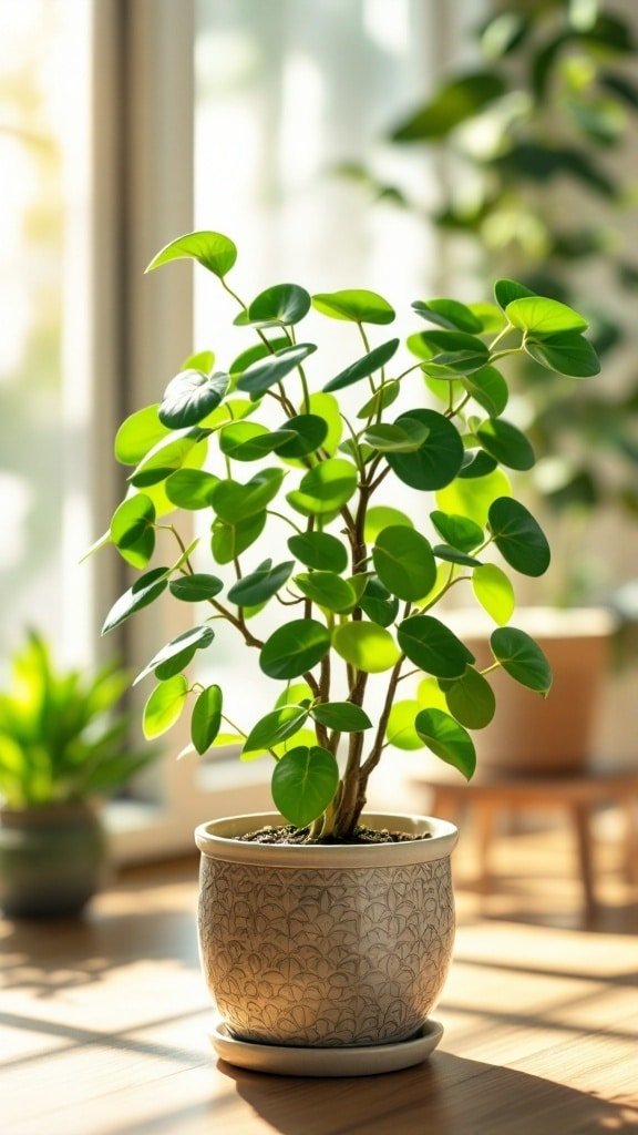 A healthy Chinese Money Plant in a decorative pot, illuminated by sunlight