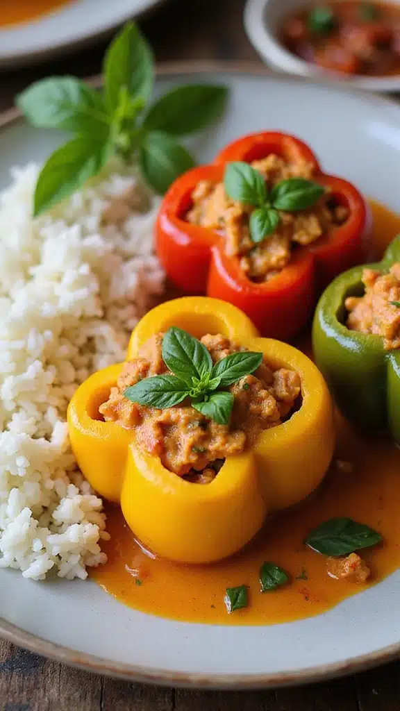 15 Quick and Delicious Stuffed Bell Peppers with Garden Veggies Ready in 30 Minutes! - 7. Thai Red Curry Stuffed Bell Peppers