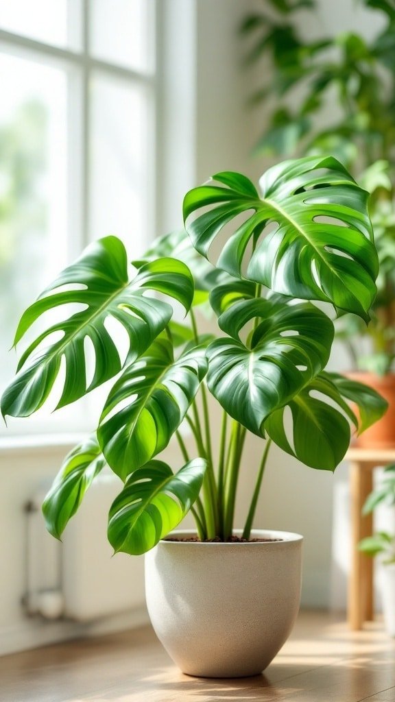 A healthy Monstera Deliciosa plant in a light-colored pot, with large green leaves, placed near a window.