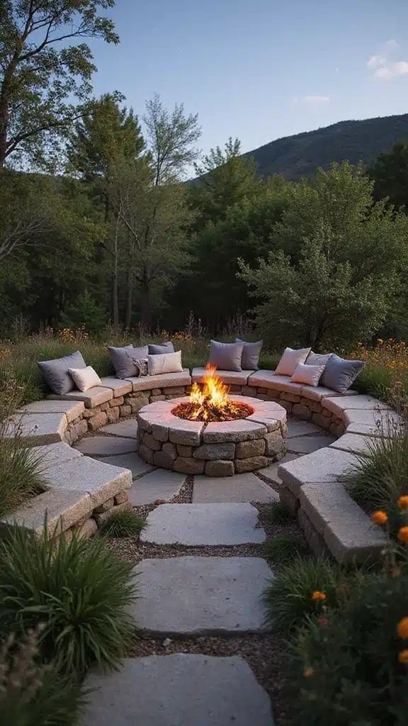 20 Creative Fire Pit Landscaping Ideas That Will Wow Your Guests! - 1. Rustic Stone Fire Pit with Natural Seating