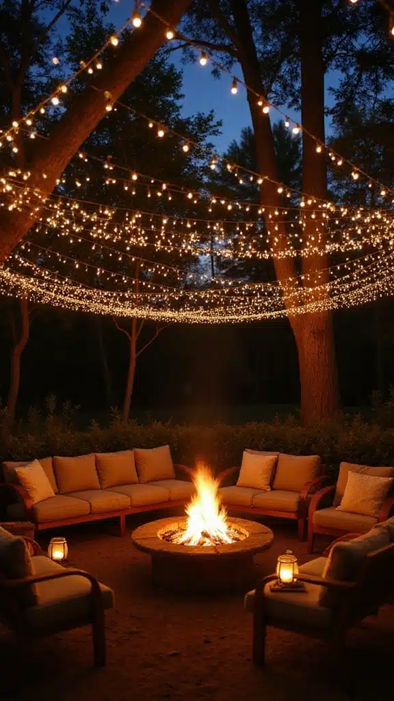 20 Creative Fire Pit Landscaping Ideas That Will Wow Your Guests! - 10. Fire Pit with String Lights Overhead