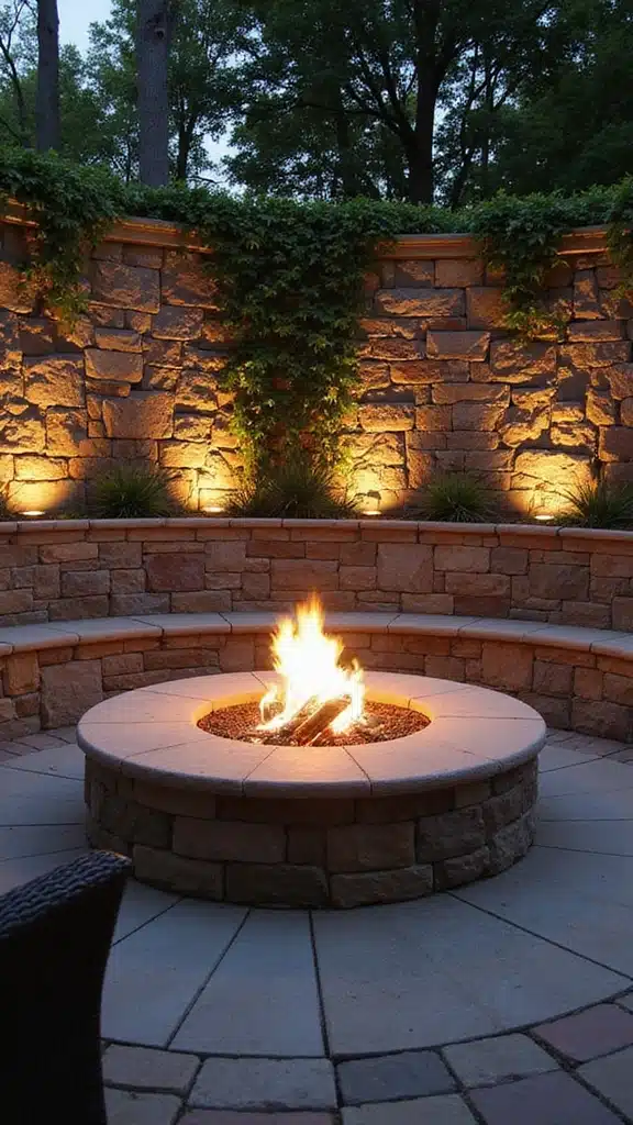 20 Creative Fire Pit Landscaping Ideas That Will Wow Your Guests! - 13. Fire Pit with a Stone Wall Backdrop