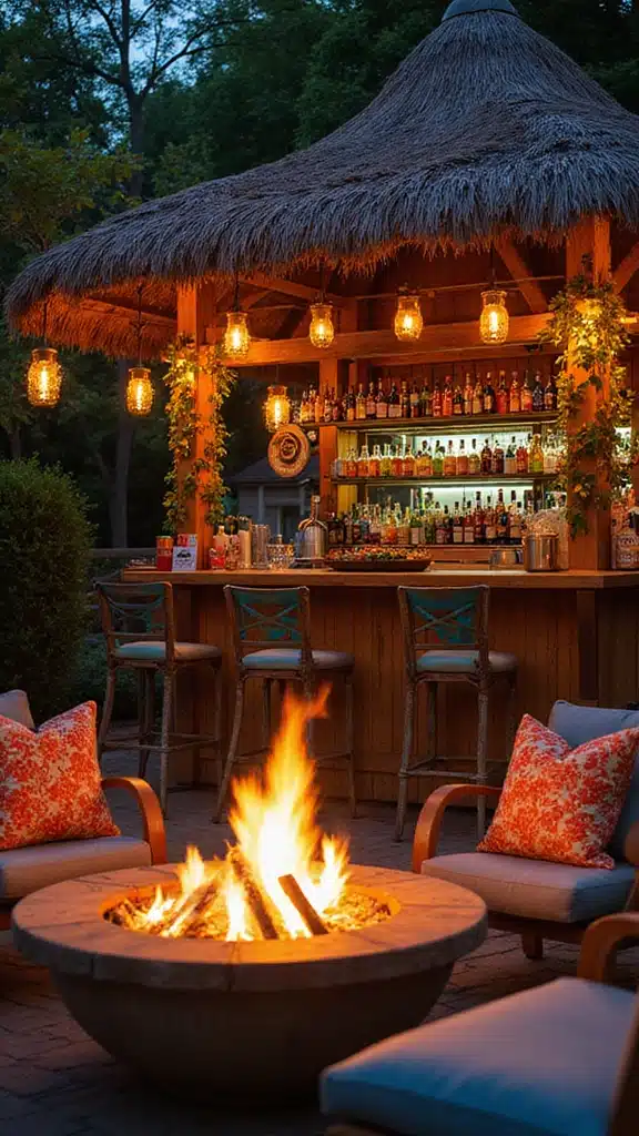20 Creative Fire Pit Landscaping Ideas That Will Wow Your Guests! - 14. Fire Pit with a Themed Outdoor Bar