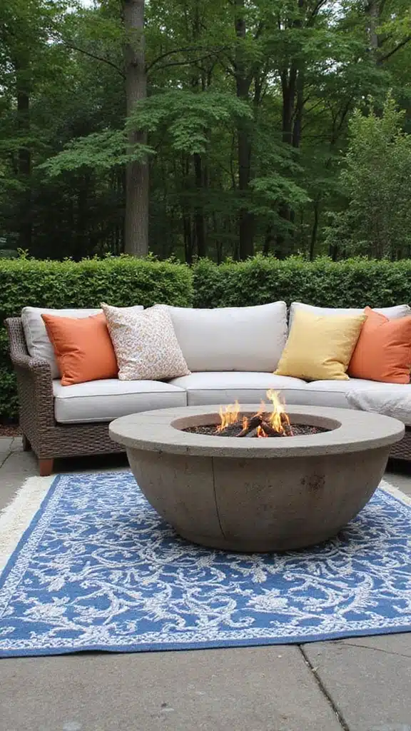 20 Creative Fire Pit Landscaping Ideas That Will Wow Your Guests! - 16. Fire Pit with an Outdoor Rug