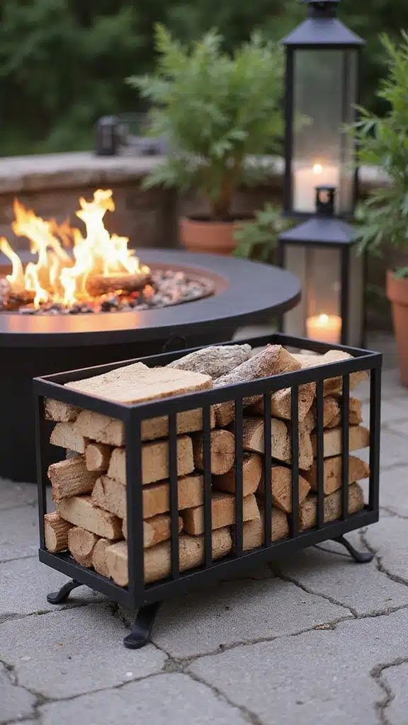 20 Creative Fire Pit Landscaping Ideas That Will Wow Your Guests! - 18. Fire Pit with a Themed Firewood Holder