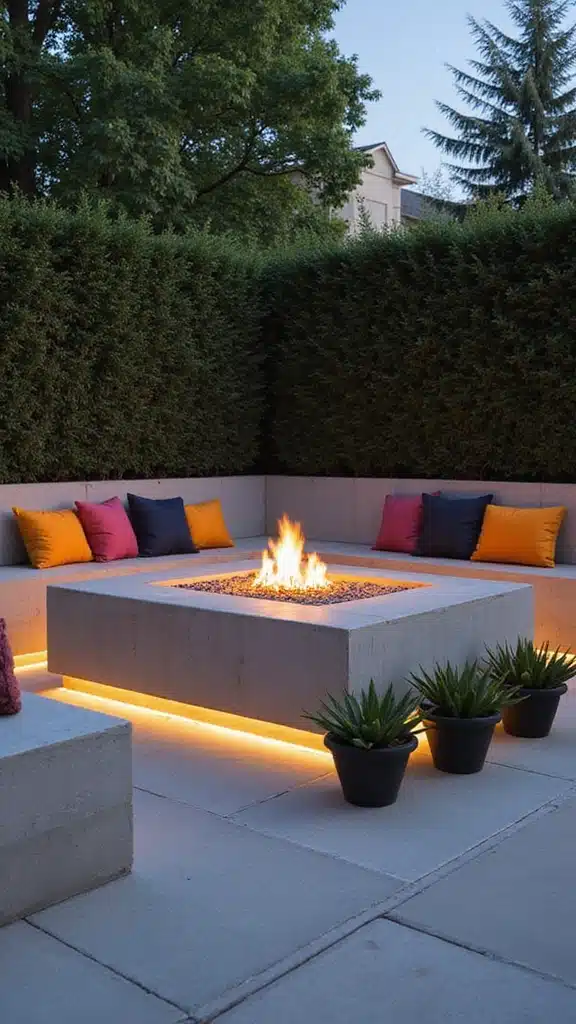 20 Creative Fire Pit Landscaping Ideas That Will Wow Your Guests! - 2. Modern Concrete Fire Pit with Sleek Benches