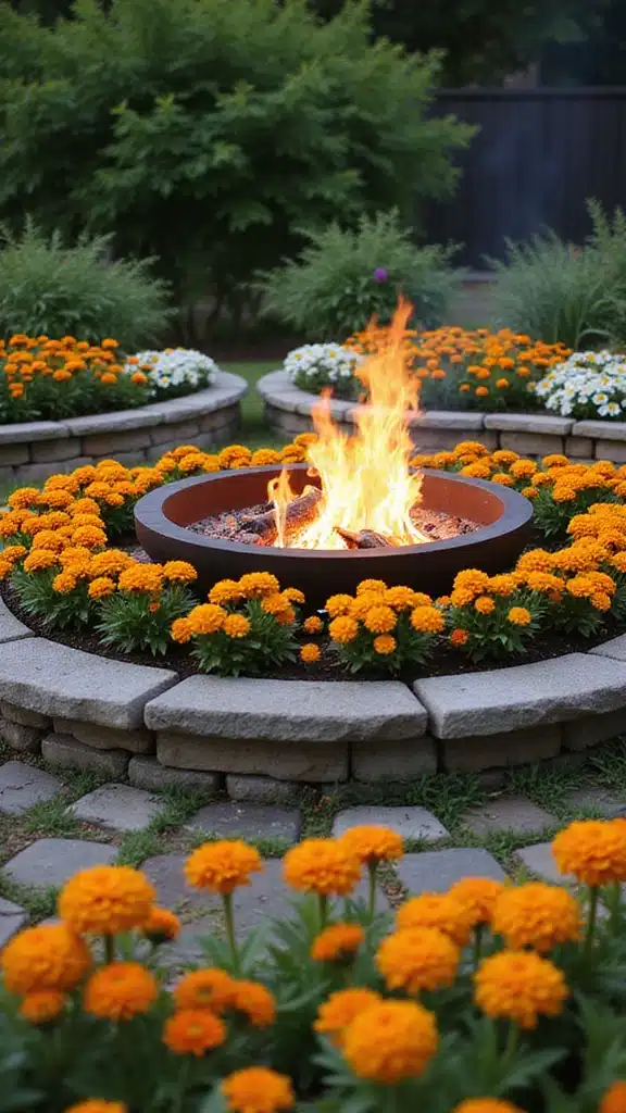 20 Creative Fire Pit Landscaping Ideas That Will Wow Your Guests! - 4. Fire Pit Surrounded by Flower Beds