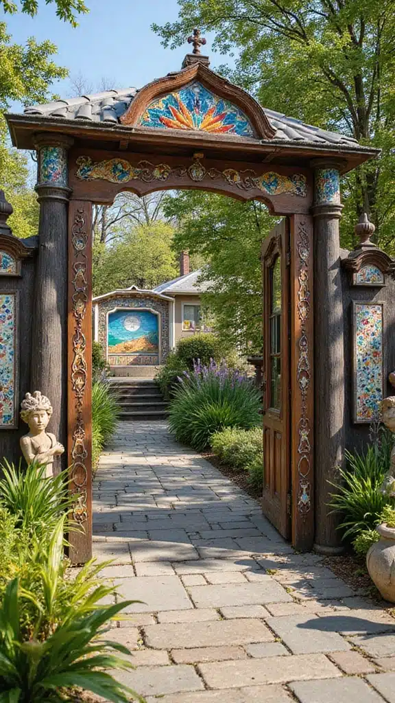 20 Stunning Farmhouse Entrance Gate Ideas That Will Make Your Neighbors Envy Your Garden! - 17. Gate with Outdoor Art