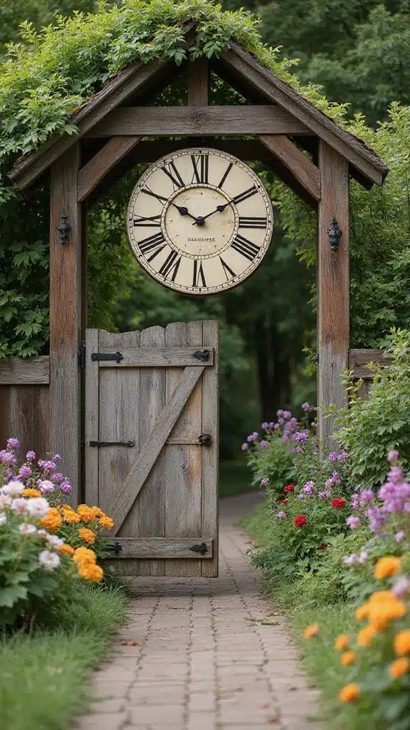 20 Stunning Farmhouse Entrance Gate Ideas That Will Make Your Neighbors Envy Your Garden! - 18. Farmhouse Gate with a Clock