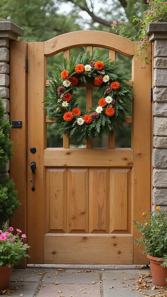 20 Stunning Farmhouse Entrance Gate Ideas That Will Make Your Neighbors Envy Your Garden! - 19. Gate with Seasonal Decor