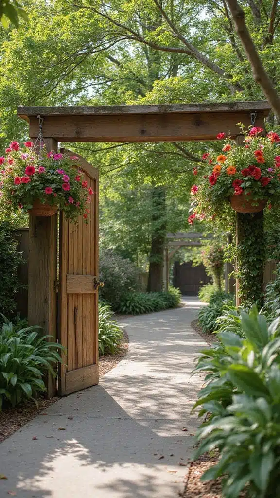 20 Stunning Farmhouse Entrance Gate Ideas That Will Make Your Neighbors Envy Your Garden! - 20. Artistic Gate with Hanging Planters