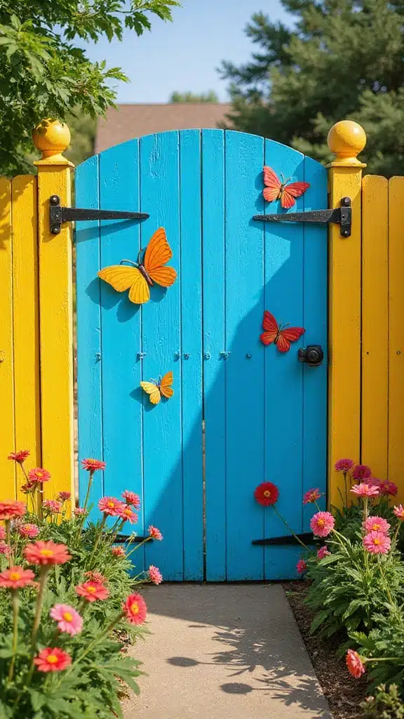 20 Stunning Farmhouse Entrance Gate Ideas That Will Make Your Neighbors Envy Your Garden! - 8. Colorful Painted Gate