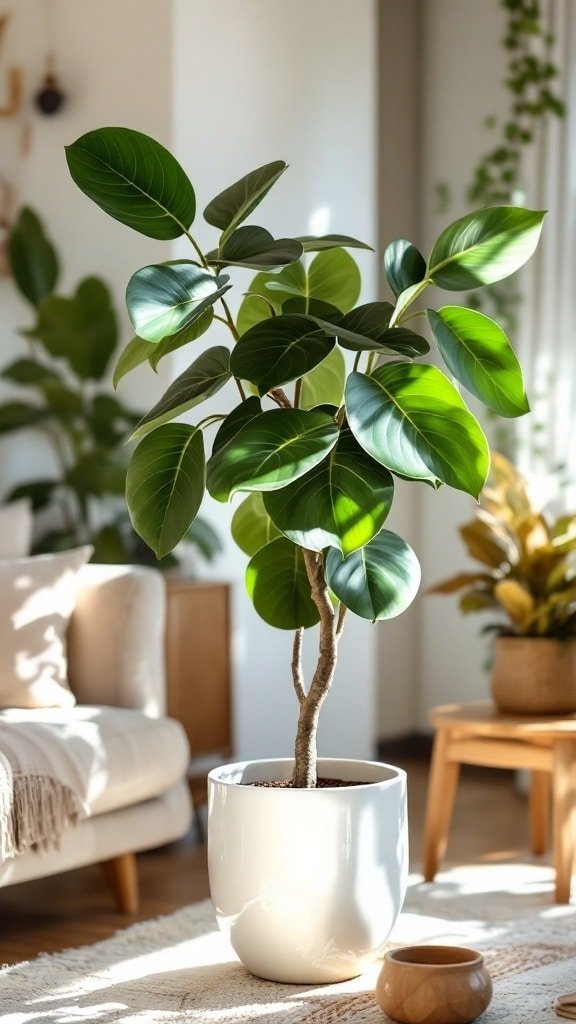 A healthy Fiddle Leaf Fig in a modern white pot, showcasing its glossy leaves.