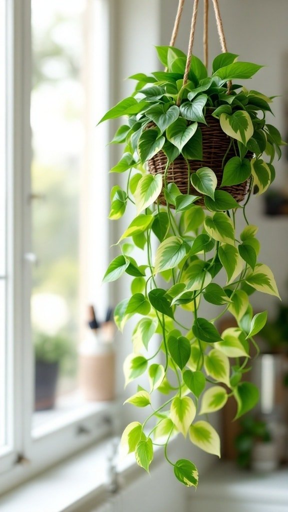 A lush pothos plant hanging in a basket with vibrant green and yellow leaves.