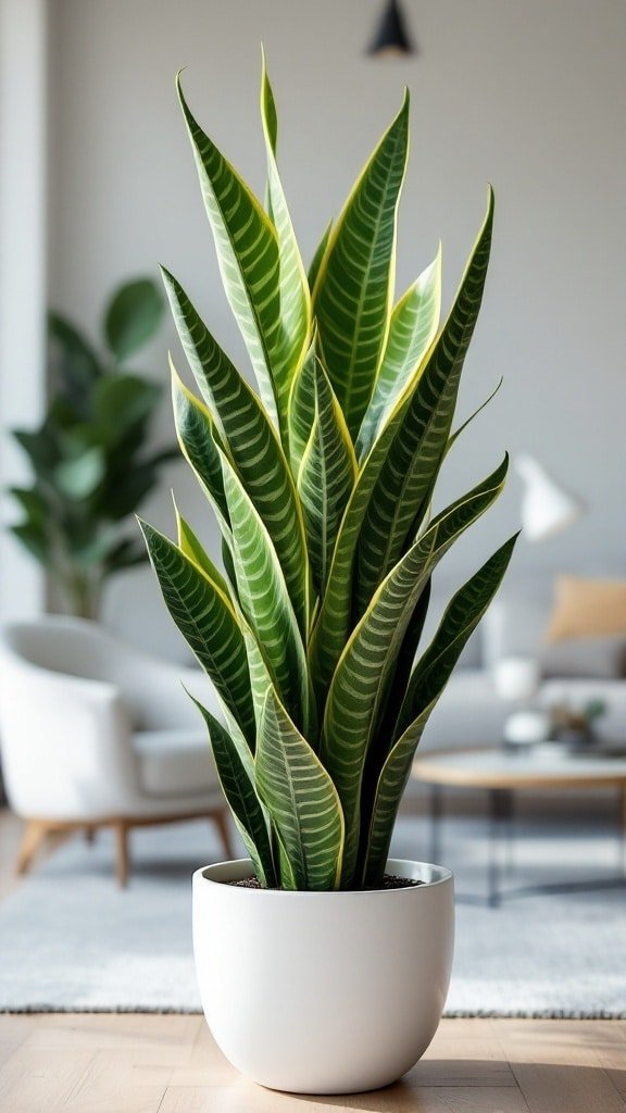 A tall snake plant in a modern white pot, showcasing its vibrant green leaves with yellow edges in a stylish living room.