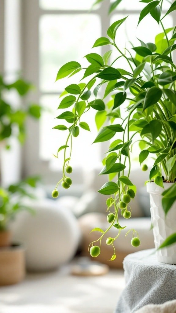 A healthy spider plant with cascading leaves and baby shoots.