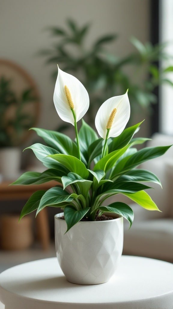 A Peace Lily in a stylish pot sitting on a table, showcasing its elegant white flowers and green leaves.