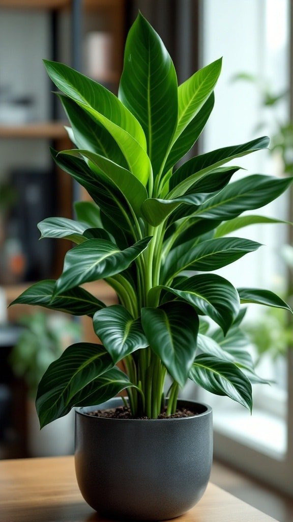 A healthy Zz plant in a sleek black pot, showcasing its vibrant green leaves.
