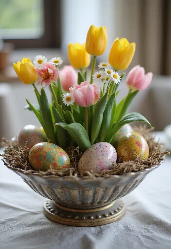 20 Inspiring Easter Blooms Arrangements You’ll Want to Copy! - 19. Marbled Egg and Floral Centerpiece