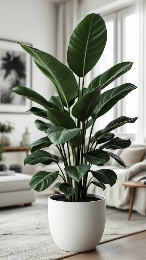 A rubber plant with glossy green leaves in a modern white pot, situated in a bright indoor space