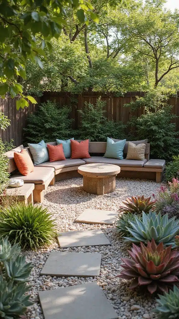 15 Unique Pebble Garden Designs Featuring Succulents (Your Neighbors Will Be Jealous of #5!) - 13. Pebble Garden with Succulent Seating Area