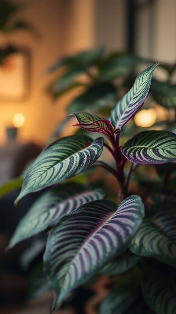 Close-up of Calathea leaves with intricate patterns and vibrant colors