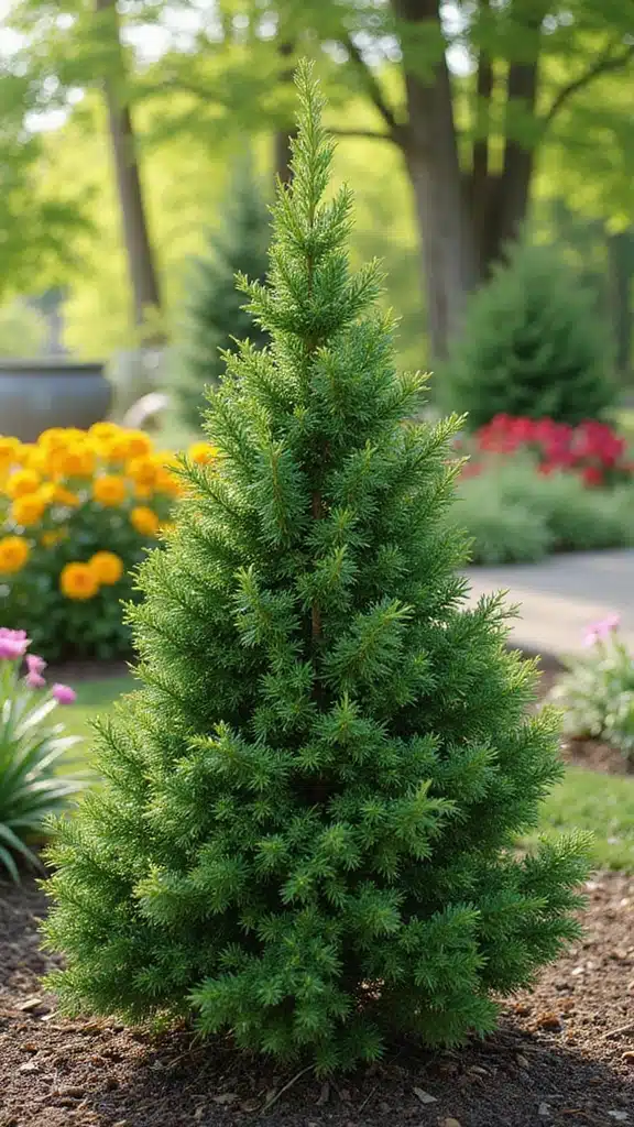 14 Evergreen Shrubs for a Low-Maintenance Garden (Say Goodbye to Seasonal Stress!) - 11. Dwarf Alberta Spruce (Picea glauca 'Conica')