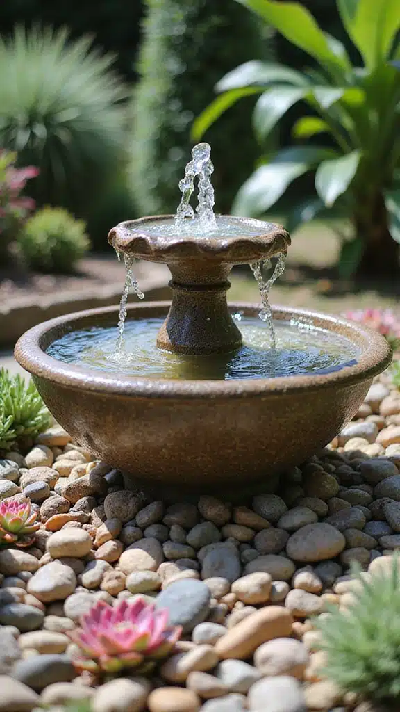 15 Unique Pebble Garden Designs Featuring Succulents (Your Neighbors Will Be Jealous of #5!) - 11. Succulent Pebble Fountain