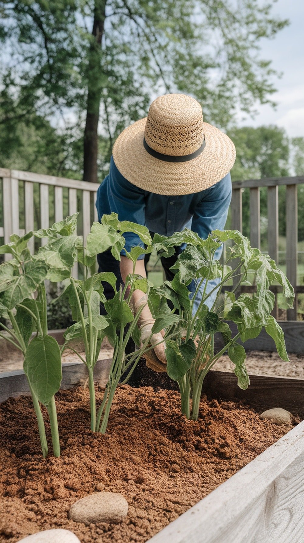 A gardener in a straw hat tending to young plants in a garden bed, emphasizing the importance of careful nurturing during summer.