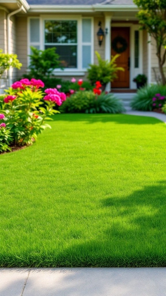 A front yard with artificial turf, colorful flowers, and a welcoming home entrance.