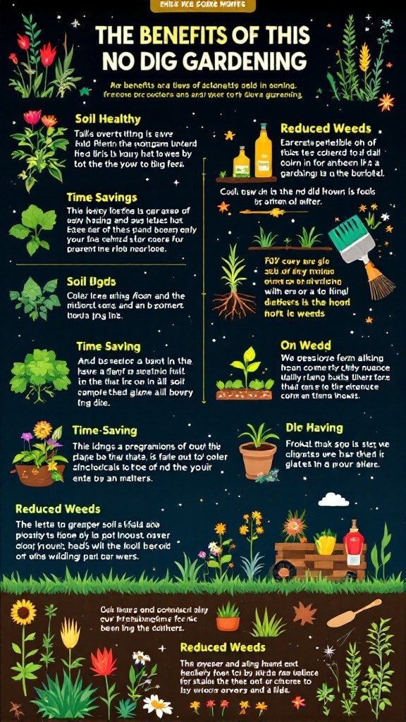 Infographic showing the benefits of no dig gardening, including soil health, time-saving, reduced weeds, and easy maintenance.