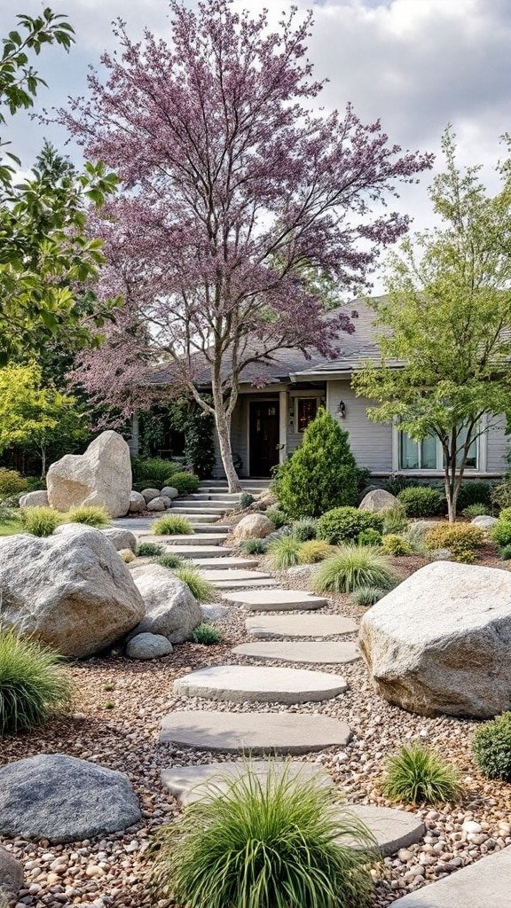 A front yard landscape featuring boulders, a stone pathway, and lush greenery
