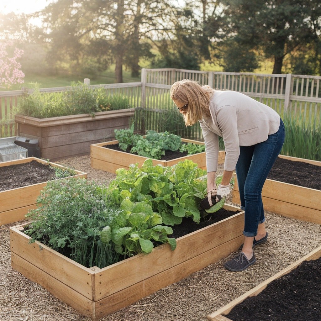 A gardener tending to a raised bed garden filled with greens