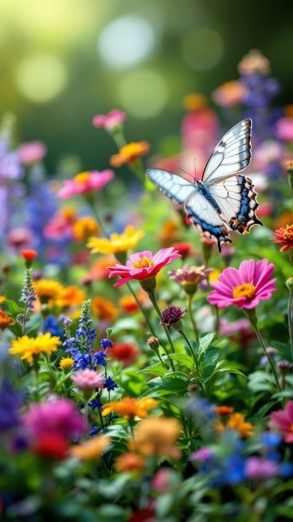 Colorful flower bed filled with various flowers and a butterfly.