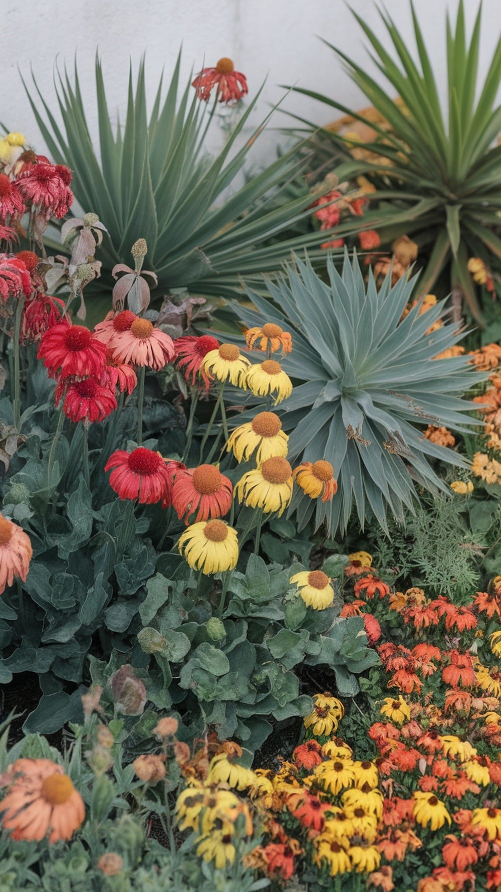 A colorful garden with heat-resistant plants, including red and yellow flowers and green succulents