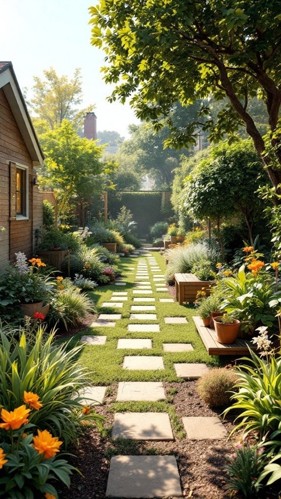 A beautiful garden path with flowers and greenery, showcasing the concept of no dig gardening.