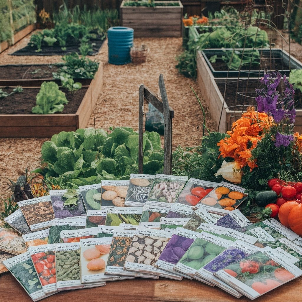 An assortment of organic seed packets on a wooden table, with a lush garden in the background featuring raised beds and vibrant plants.