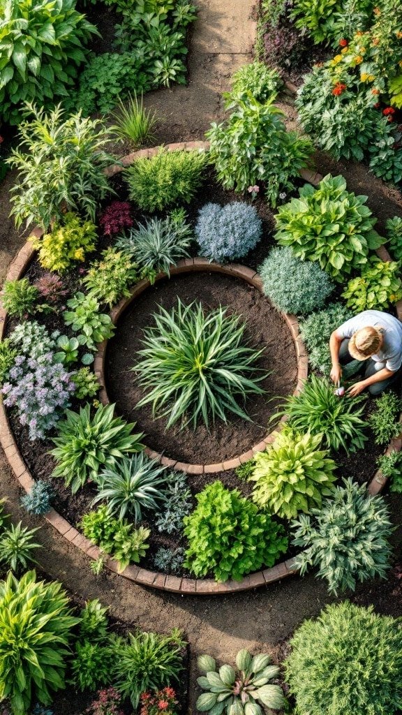 An overhead view of a circular herb bed with various herbs planted around a central plant, showing a gardener tending to the plants.
