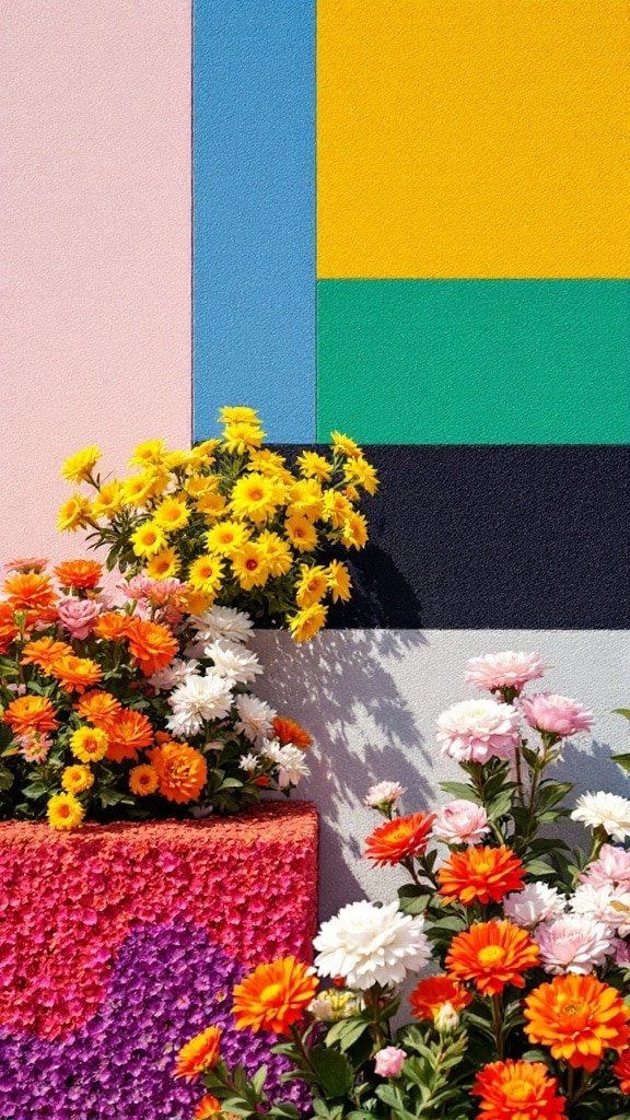 Colorful flower bed with yellow, orange, pink, and white flowers against a multi-colored wall.