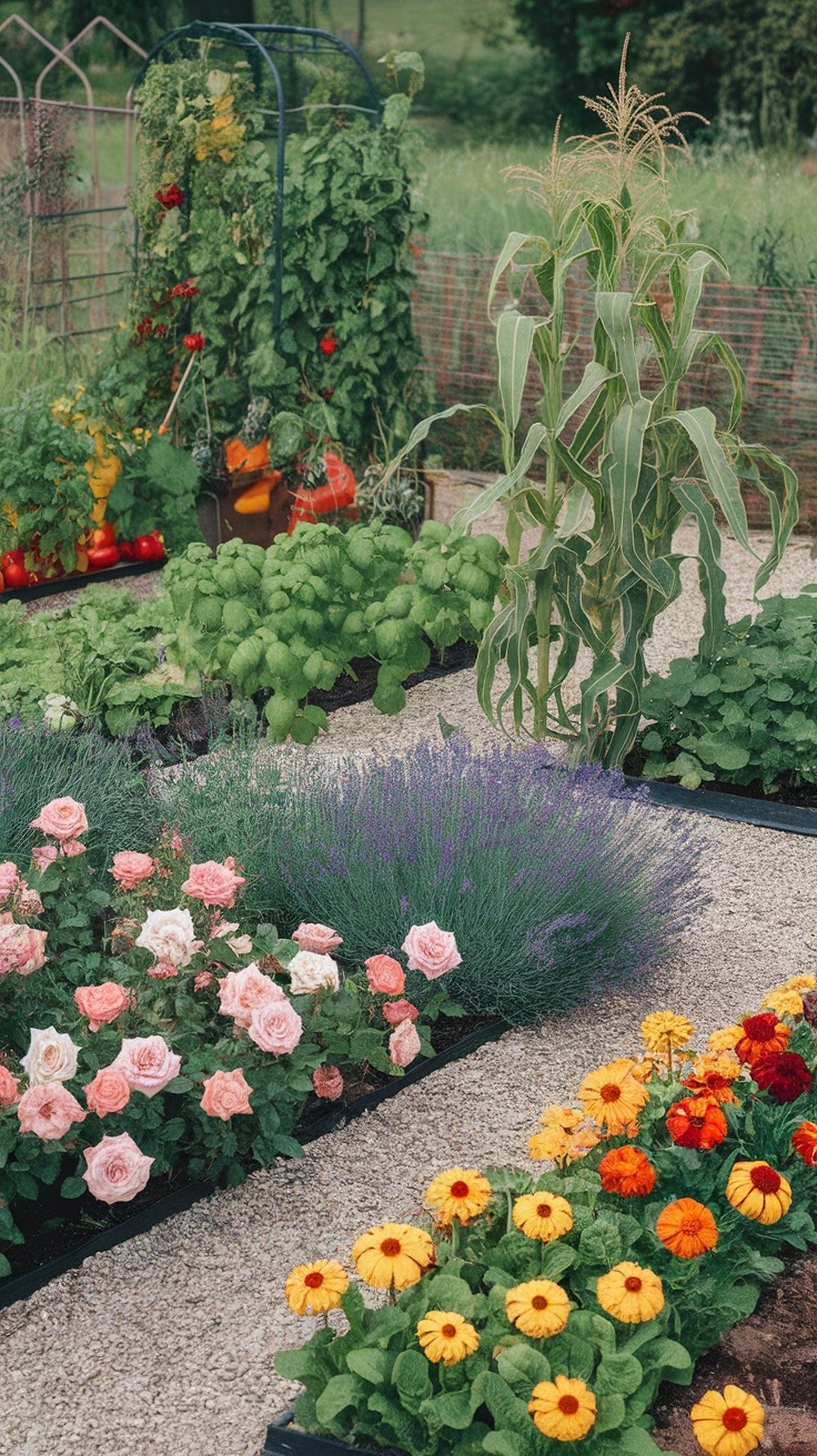 A vibrant garden featuring roses, lavender, marigolds, and a variety of vegetables.