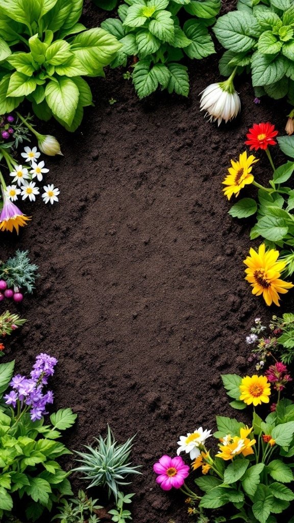 A colorful array of flowers and herbs surrounding a patch of rich soil in a no dig garden.