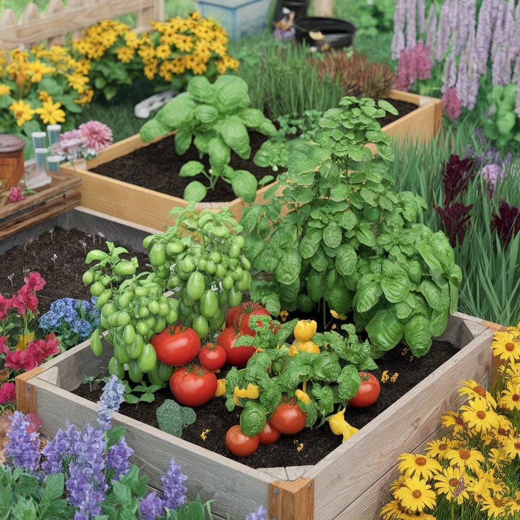 A vibrant raised bed garden filled with tomatoes, basil, and various colorful flowers, showcasing companion planting.