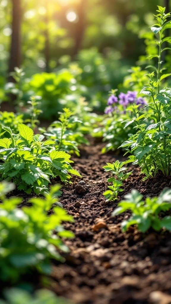 A vibrant herb garden with various plants growing together, showcasing companion planting.