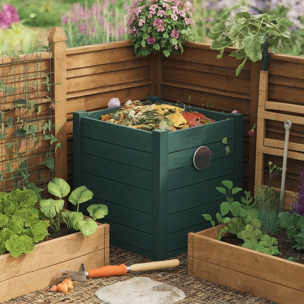 A green compost bin filled with organic waste, surrounded by a garden with raised beds and plants.