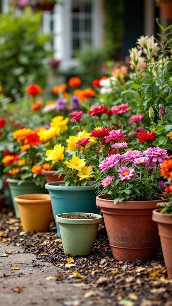 A colorful arrangement of flower pots filled with vibrant flowers, showcasing a beautiful container garden.