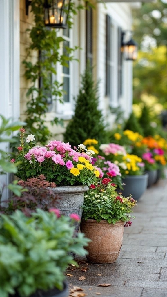 Colorful container gardens with various flowers arranged near a house