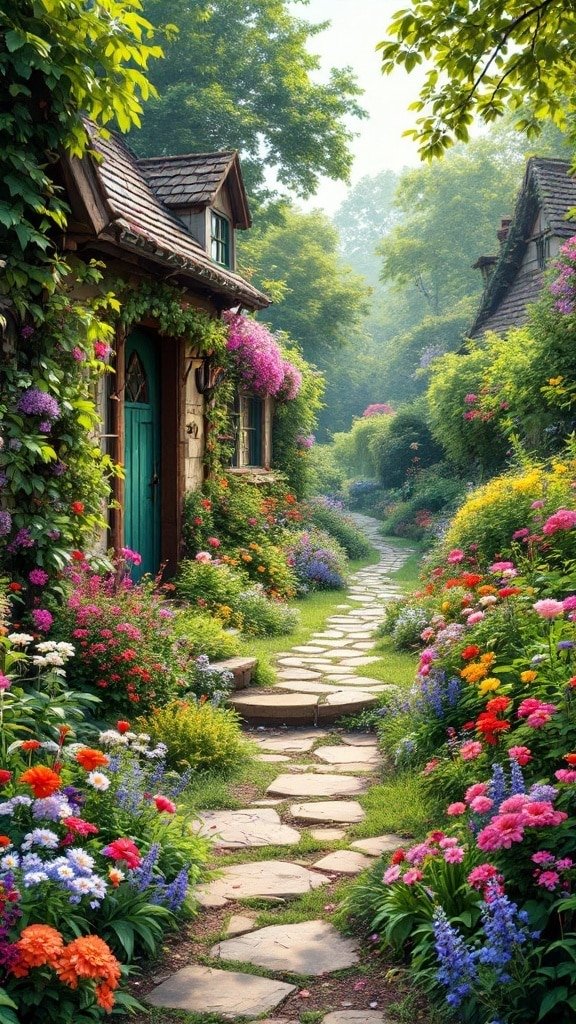 A picturesque cottage garden with vibrant flowers and a stone pathway.